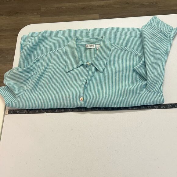 Chico’s 100% Linen Button Down Shirt Women’s Size 3‎ (XL) Aqua Blue White Stripe - Picture 7 of 9
